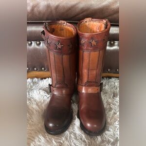 FRYE Brown Leather Star-Embellished Boots. 150th anniversary